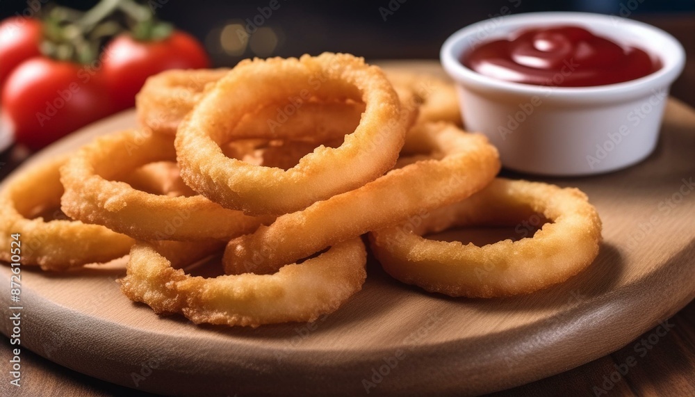 Mouthwatering Treat: Close-Up of Golden Onion Rings with Ketchup Mouthwatering Treat: Close-Up of Golden Onion Rings with Ketchup