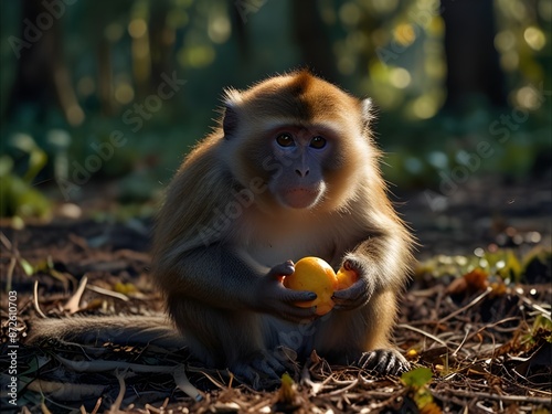 A monkey with his hand  containing fruits on the ground in the middle of the forest while the sun is dim