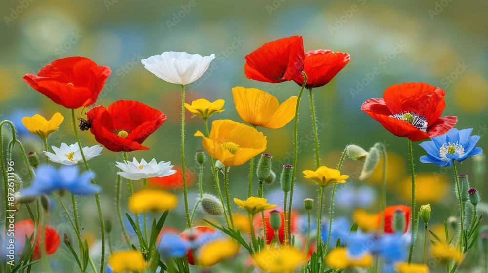 A field of flowers with a mix of red, yellow, and blue flowers A field of flowers with a mix of red, yellow, and blue flowers