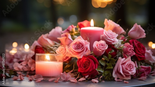 Romantic candlelit centerpiece with pink and red roses.