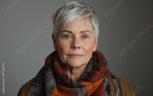 A middle-aged woman of Berber descent with short, gray hair, wearing a colorful scarf and a brown leather jacket, looks directly at the camera