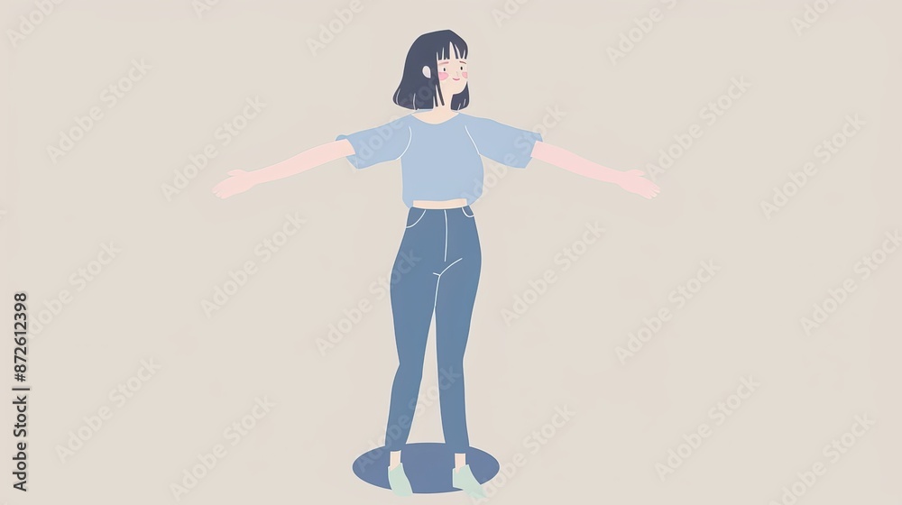 A 20-year-old woman, standing, hands outstretched, in a large font shape, full body vista, hand-drawn anime style, the picture is simple and flat, with a sense of line, 2D animation A 20-year-old woman, standing, hands outstretched, in a large font shape, full body vista, hand-drawn anime style, the picture is simple and flat, with a sense of line, 2D animation