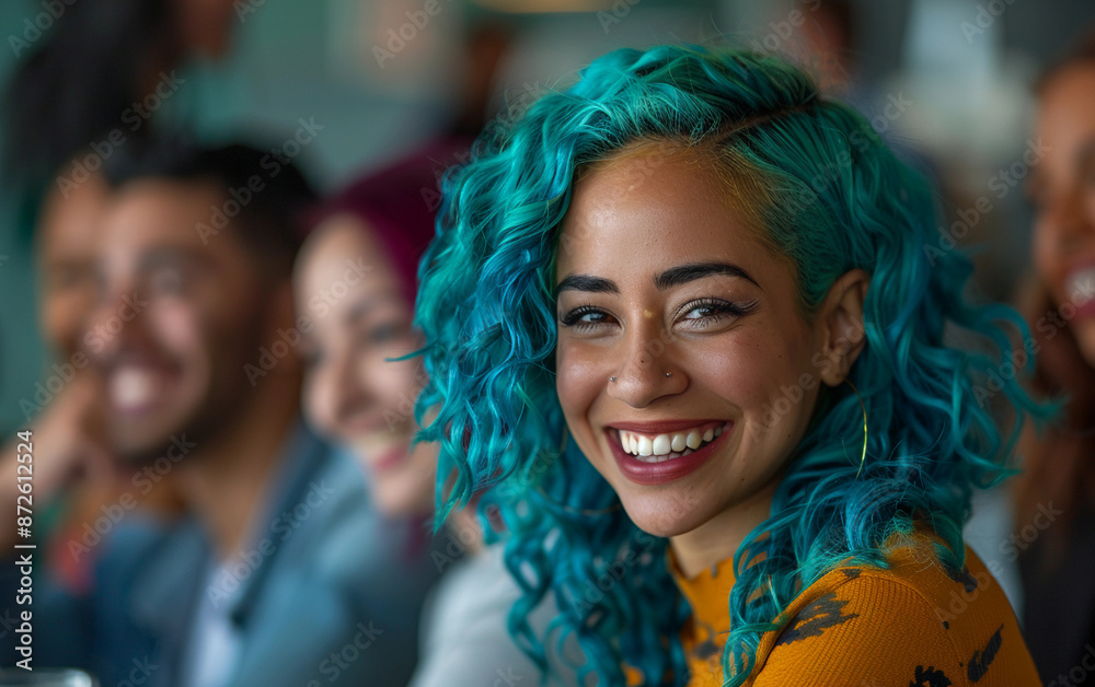 Fototapeta premium A happy woman with teal hair laughs with her coworkers in an office setting