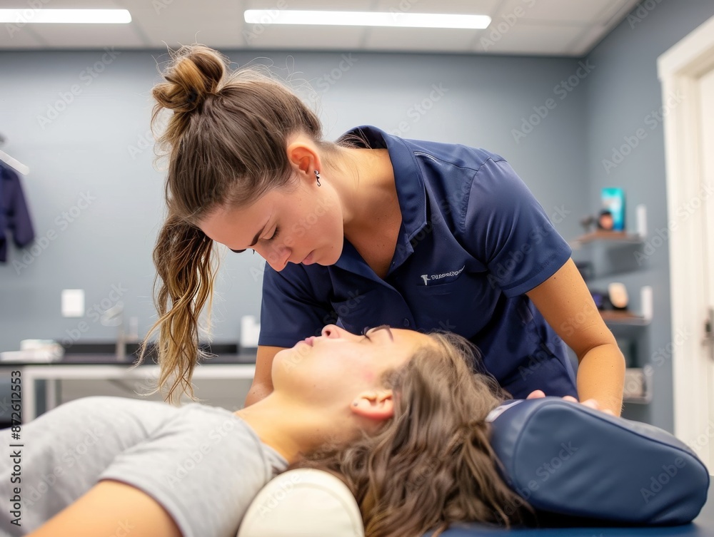 a photo of a physiotherapist working on a client's neck in bright and modern room a photo of a physiotherapist working on a client's neck in bright and modern room