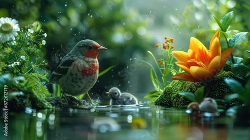 Delightful Bird and Chick in Nature for World Wildlife Day photo
