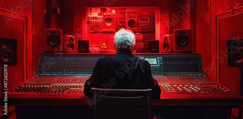 Man Sitting at Audio Mixing Console in Red Recording Studio