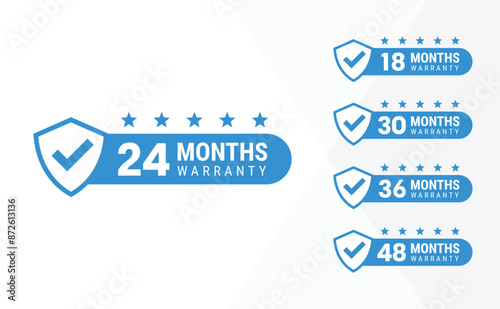 Minimalist Vector warranty shield with checklist label icon set. Number of months 24, 18, 30, 36, 48. vector eps