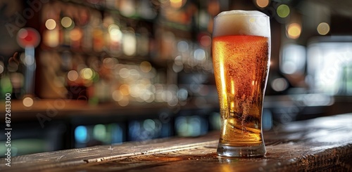 Cold Pint of Beer on a Bar Counter in a Pub
