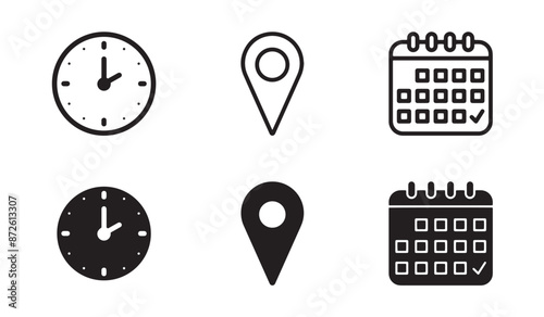 Address, time, and date icon vector. Stopwatch timer icon. Clock, pin map location, and calendar sign symbol. Event elements. Vector illustration