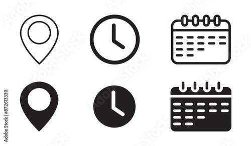 Address, time, and date icon vector. Stopwatch timer icon. Clock, pin map location, and calendar sign symbol. Event elements. Vector illustration