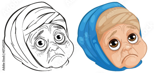 Elderly woman with sad expression and headscarf