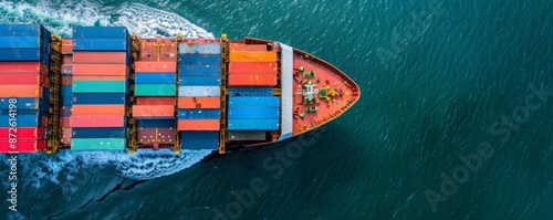 Aerial view of a cargo container ship navigating the ocean, cargo container ship, global shipping