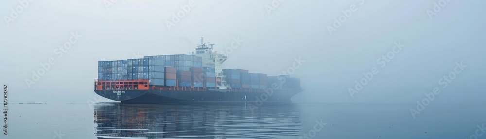Obraz premium Cargo container ship navigating through misty sea, cargo container ship, maritime navigation