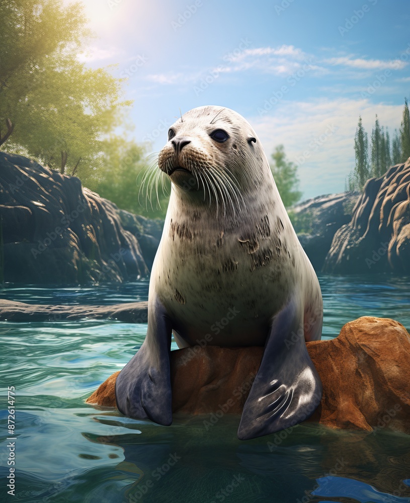 Fototapeta premium Sunlit Seal on Rocky Outcrop