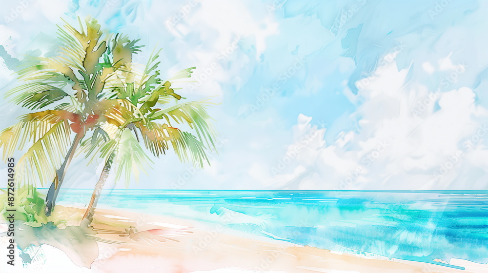 Obraz premium Watercolor beach landscape with blue sea, white sand beach, and palm trees under a blue sky. Summer, vacation, relaxation, travel background.