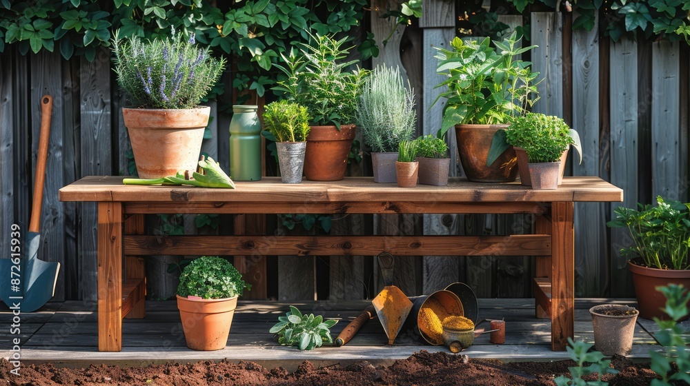 Serene Garden Oasis - Closeup of Gardening Bench with Tools, Gloves, and Potted Plants for Personal Gardening Activities, Generative Ai Serene Garden Oasis - Closeup of Gardening Bench with Tools, Gloves, and Potted Plants for Personal Gardening Activities, Generative Ai