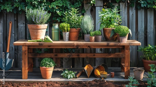 Serene Garden Oasis - Closeup of Gardening Bench with Tools, Gloves, and Potted Plants for Personal Gardening Activities, Generative Ai