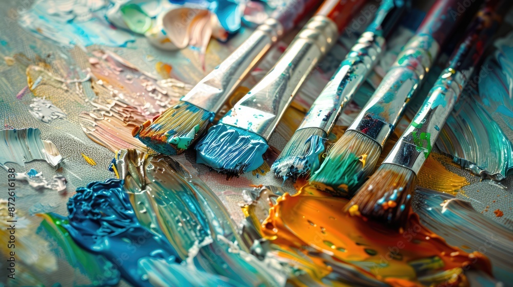 Fototapeta premium Creative Chaos - Artist's Workspace with Paintbrushes, Canvas, and Colorful Splatters, A Story of Artistic Expression and Imagination, Generative Ai