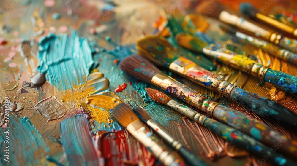 Creative Chaos: Closeup of an Artist's Easel with Paintbrushes, Canvas, and Colorful Splatters - Conceptual Artistic Workspace, Generative Ai Creative Chaos: Closeup of an Artist's Easel with Paintbrushes, Canvas, and Colorful Splatters - Conceptual Artistic Workspace, Generative Ai