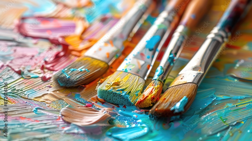 Obraz premium Creative Chaos: Close-up of an Artist's Eclectic Workspace Showcasing the Journey of Artistic Expression, Generative Ai