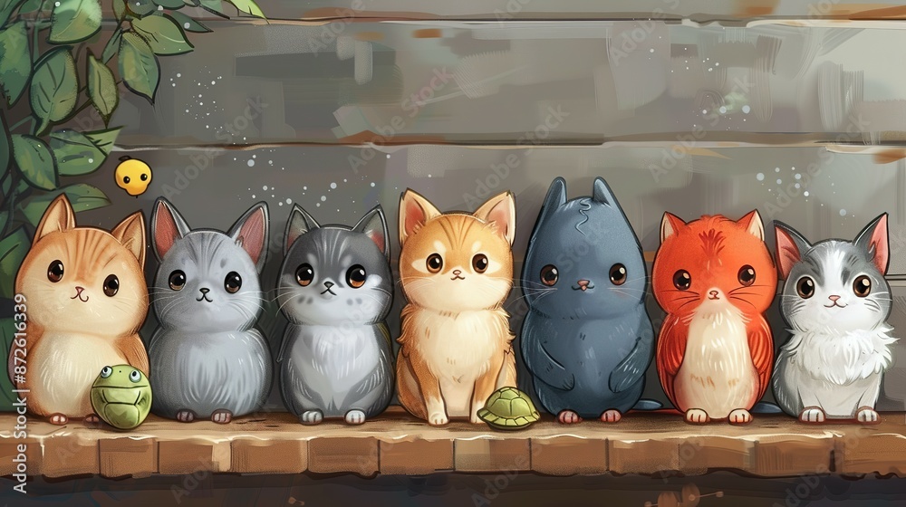 Obraz premium Colorful Cartoon Pet Set: Dog, Cat, Bird, Fish, Rabbit, Rat, Turtle Characters