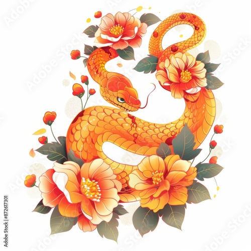 New Chinese Year of the Snake (Golden Snake) oriental illustration. Bright and colorful with a poppy vibe, in a simple and cute anime style against a white background photo