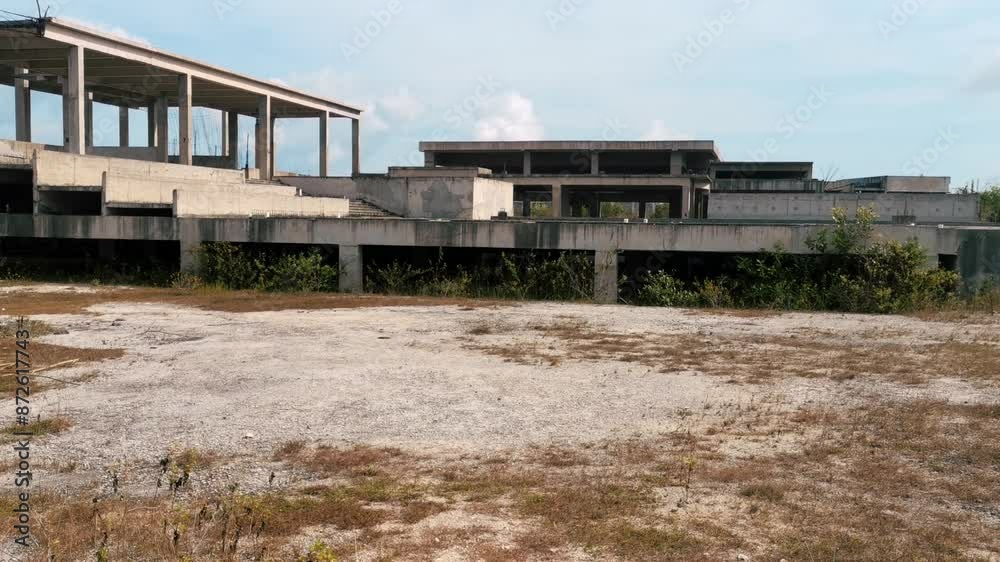 A wide shot of an abandoned hotel construction skeleton in desolate wasteland. Geometric concrete ruins with an overgrown gravel yard, post-apocalyptic aesthetic feel that is reminiscent of Mad Max. A wide shot of an abandoned hotel construction skeleton in desolate wasteland. Geometric concrete ruins with an overgrown gravel yard, post-apocalyptic aesthetic feel that is reminiscent of Mad Max.