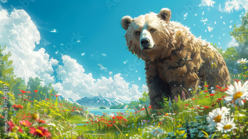 Majestic Bear in Blooming Meadow for World Wildlife Day photo