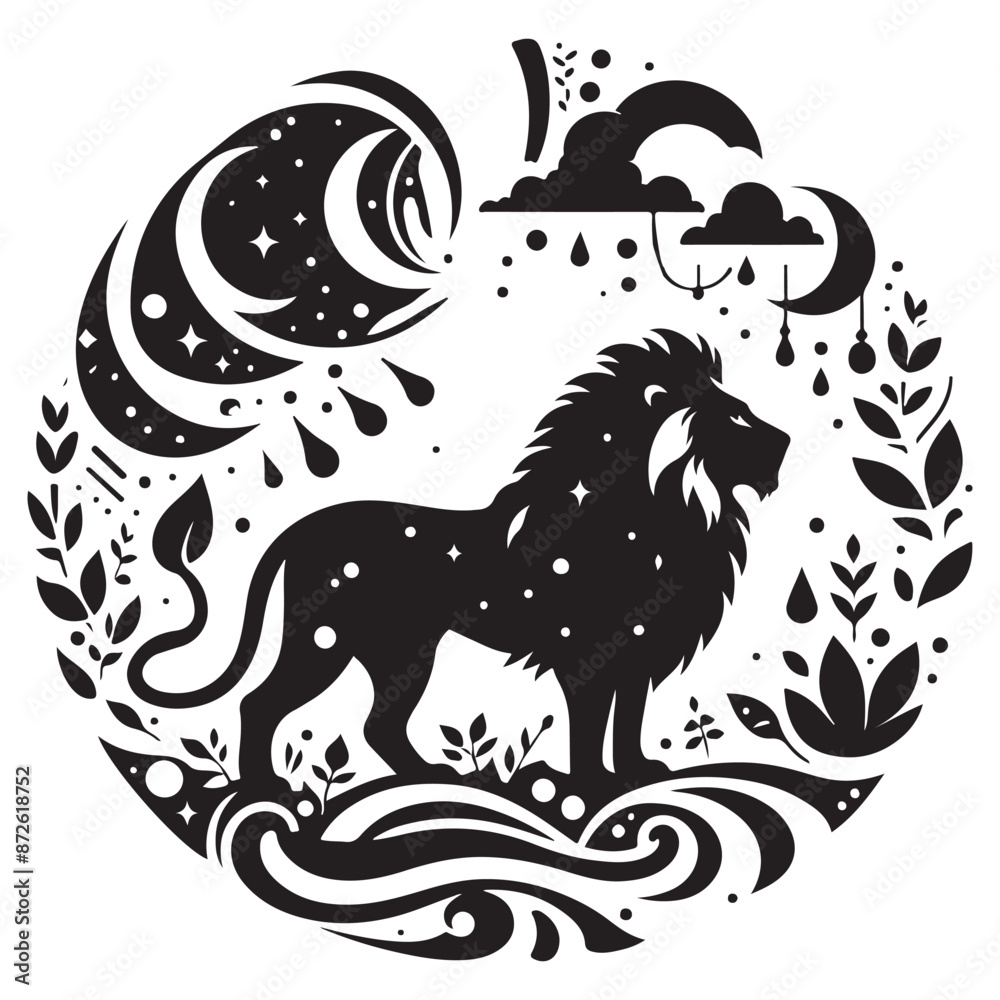 Fototapeta premium a black and white illustration of a lion standing in a circle with moon and clouds