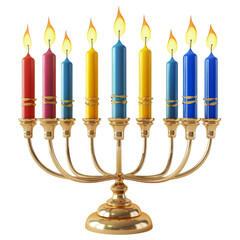 Gold menorah with nine lit candles in vibrant colors on transparent background clipart