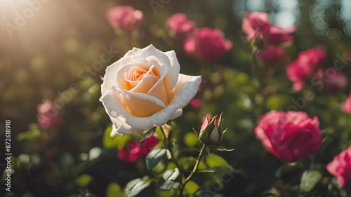 A beautiful spring rose in a garden in the style of professional cinematography, natural light