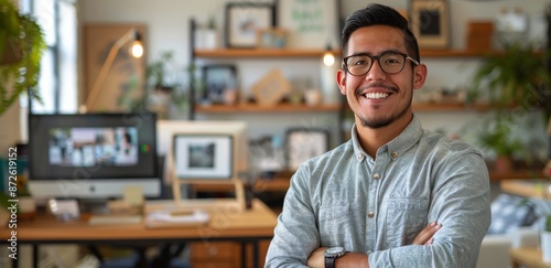Smiling Man Wearing Glasses in a Modern Office Setting