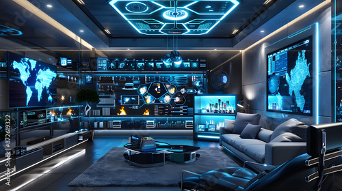 futuristic living room with a centralized AI command center controlling all smart home device design