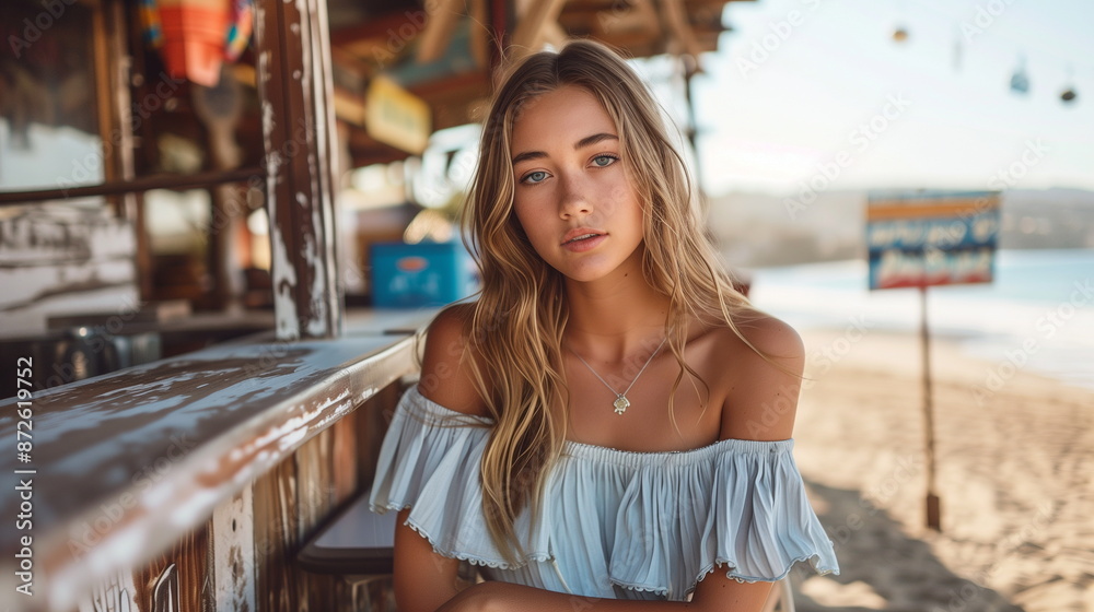 Woman wearing off-shoulder summer dress sitting at outdoor bar table by the beach. A seascape unfolds behind you. Summer vacation, recreation, travel and resort concept. Woman wearing off-shoulder summer dress sitting at outdoor bar table by the beach. A seascape unfolds behind you. Summer vacation, recreation, travel and resort concept.