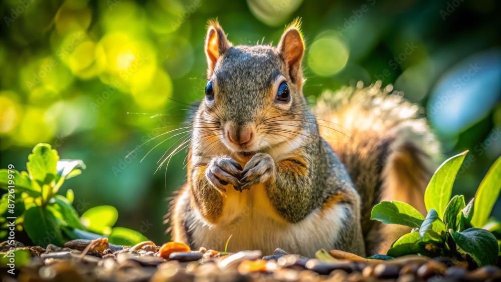 Adorable bushy-tailed squirrel with big round eyes lounges outdoors, snacking on nuts and seeds, surrounded by lush green foliage. Adorable bushy-tailed squirrel with big round eyes lounges outdoors, snacking on nuts and seeds, surrounded by lush green foliage.