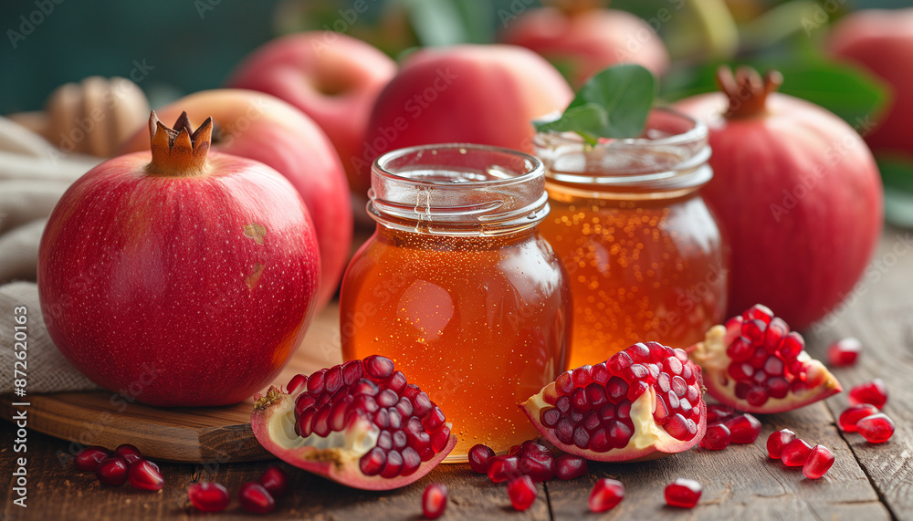 Rosh Hashanah background with pomegranate and honey on wood table in lights of a sun Rosh Hashanah background with pomegranate and honey on wood table in lights of a sun