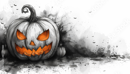 Line art sketch of dangerous Halloween pumpkin on white background. Copy space.