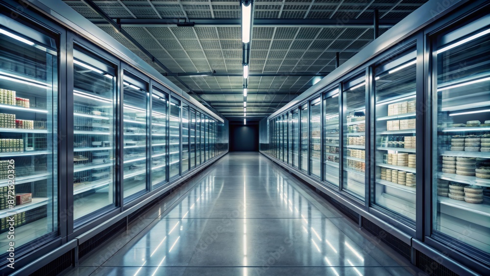A deserted and dimly lit empty supermarket aisle with rows of humming refrigerators displaying sparse product stock. A deserted and dimly lit empty supermarket aisle with rows of humming refrigerators displaying sparse product stock.