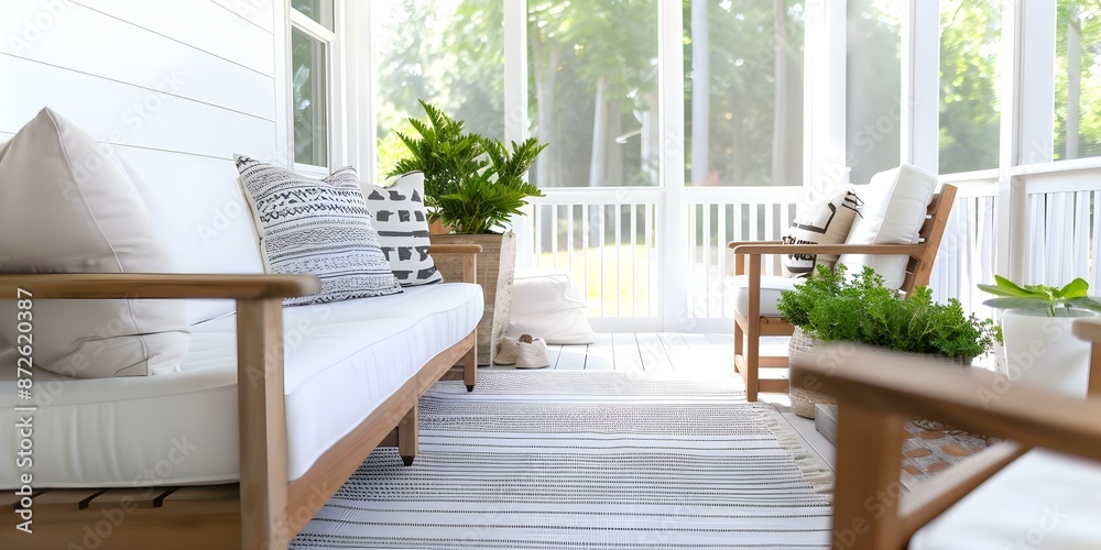 Rustic Charm Modern farmhouse sunroom with wooden furniture, white ...