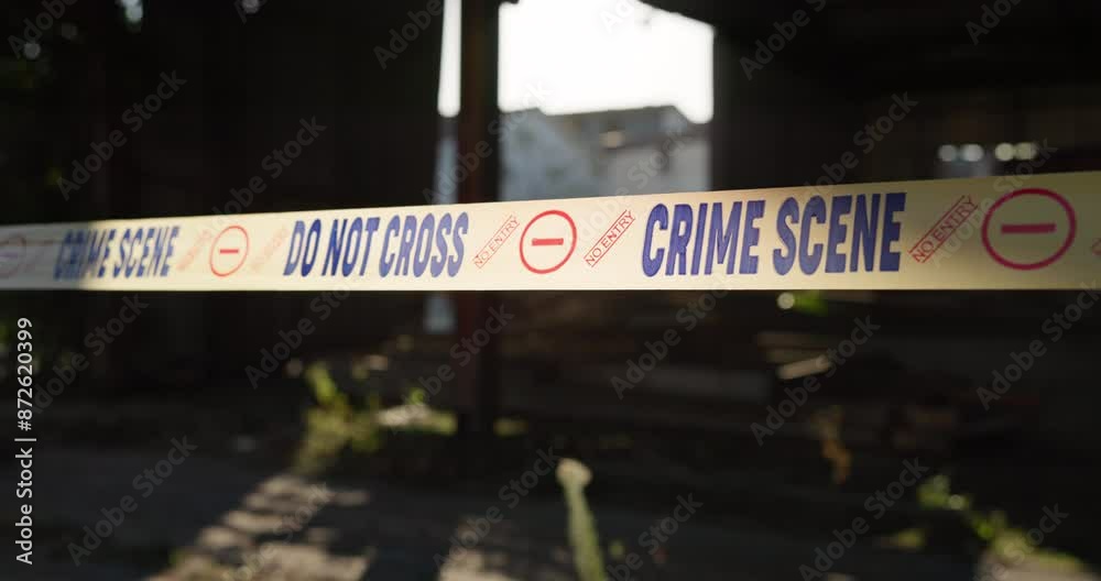 Crime, scene and ribbon with tape for investigation, closure or no ...