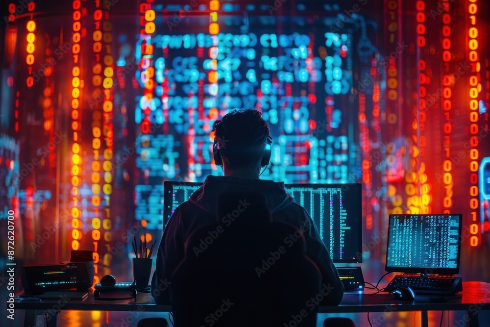 A man is sitting in front of a computer with a monitor displaying a complex code A man is sitting in front of a computer with a monitor displaying a complex code