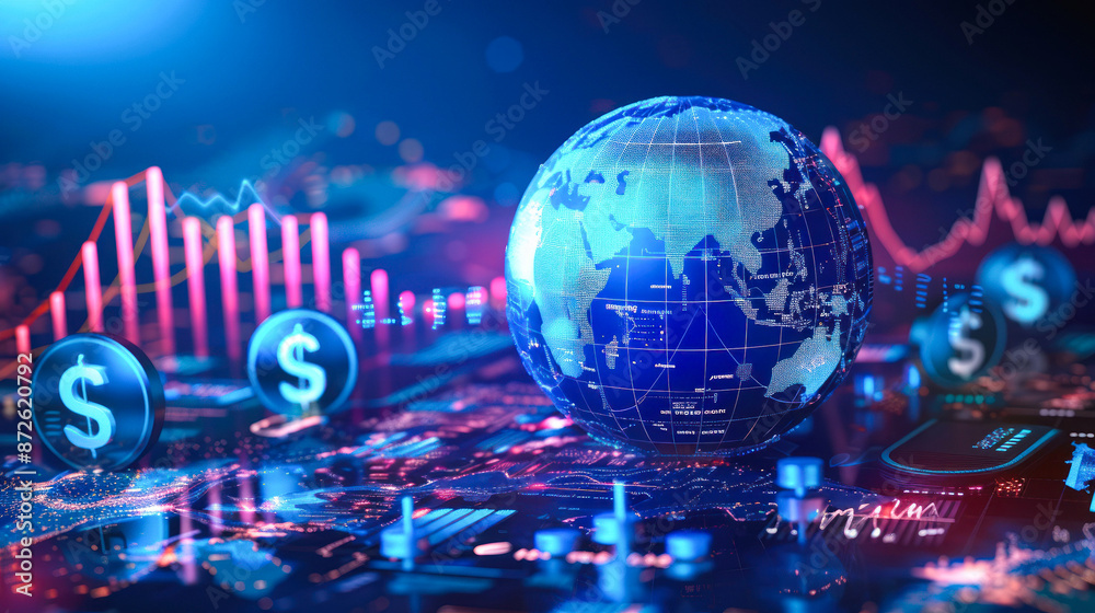 Digital world with glowing dollars and graphs Digital world with glowing dollars and graphs