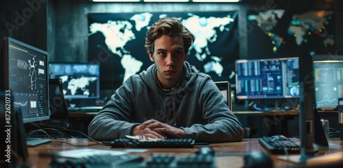Young Man Working on Multiple Monitors With World Maps Displayed