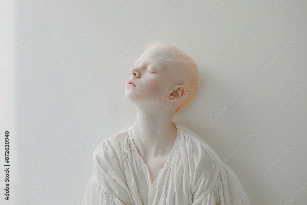 Albino person in white robe leaning against a light-colored wall, skin pale Albino person in white robe leaning against a light-colored wall, skin pale