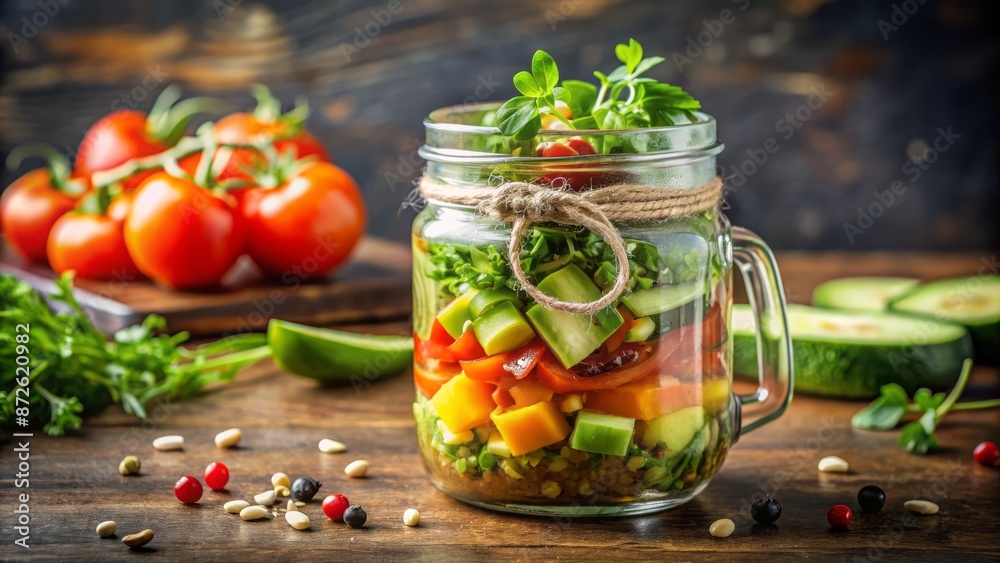 Freshly prepared healthy salad with juicy tomato, creamy avocado, crunchy pepper, cucumber and micro greens in a clear glass jar. Freshly prepared healthy salad with juicy tomato, creamy avocado, crunchy pepper, cucumber and micro greens in a clear glass jar.