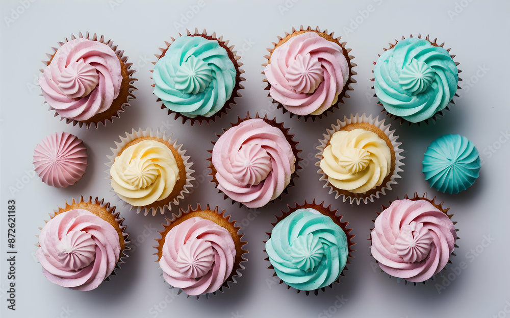 Decorated cupcakes with pastel frosting swirls Decorated cupcakes with pastel frosting swirls