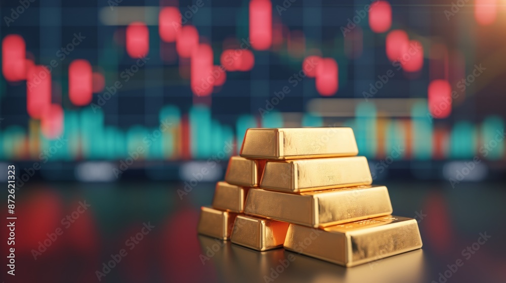 Stack of gold bars against a blurry financial chart background. Stack of gold bars against a blurry financial chart background.