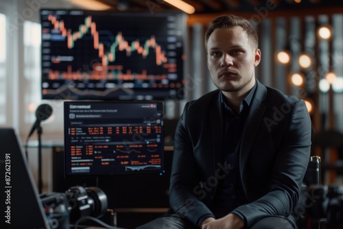 A young man hosting a video blog session, engages with his audience about cryptocurrency trading, with dynamic digital charts displayed in the background.