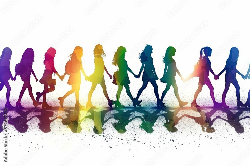 Colorful silhouettes of people holding hands symbolizing unity diversity and community captured in a vibrant dynamic style with bright expressive colors Colorful silhouettes of people holding hands symbolizing unity diversity and community captured in a vibrant dynamic style with bright expressive colors