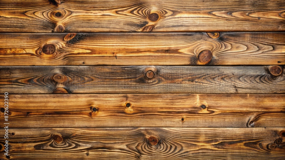 Naklejka premium Natural horizontal wooden planks with distressed rough-hewn surface and visible knots in warm brown colors with subtle grain patterns.
